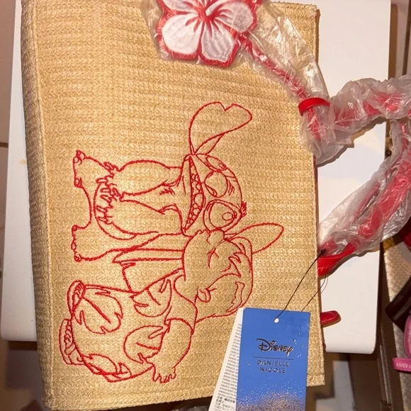 Disney Straw Tote with Red Embroidered Stitch and Flower Charm - Picture 8 of 9
